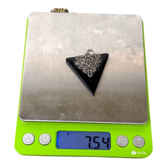 Sterling Silver & Onyx Triangle Pendant Intricate Scrollwork Design Art Deco - Picture 6 of 6